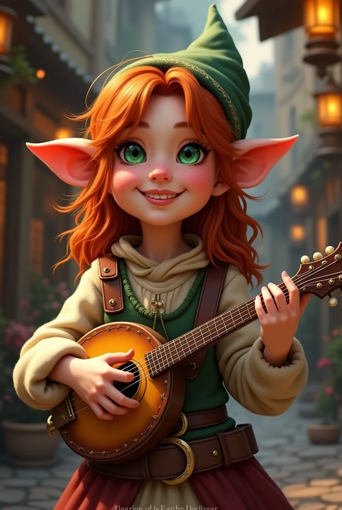 a female bard gnome, with green eyes, olive skin and dark ginger hair, she looks cheerful and happy, holding a mandolin. she has 5 fingers in both hands
