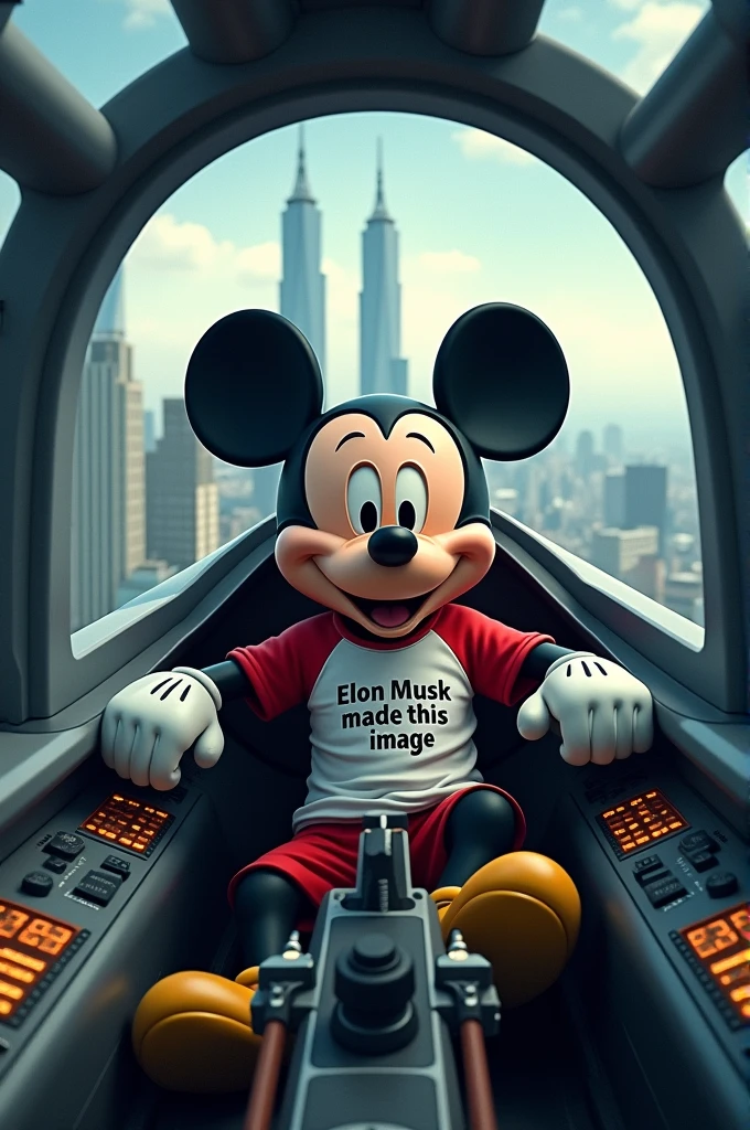 mickey mouse wearing a shirt that says “elon musk made this image” and being in the cockpit of a plane that is flying towards two sky scrapers
