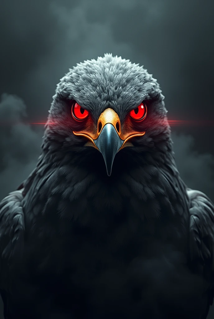 The face of a red eyed hawk with the word kaliber on it and black smoky background 