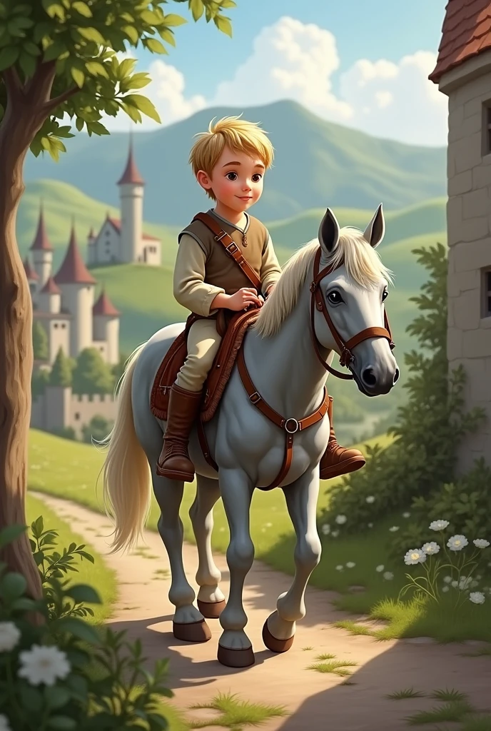 Drawing
Young white boy, blond hair and sweet face, with a brown medieval peasant outfit, on grey horse in a medieval decor