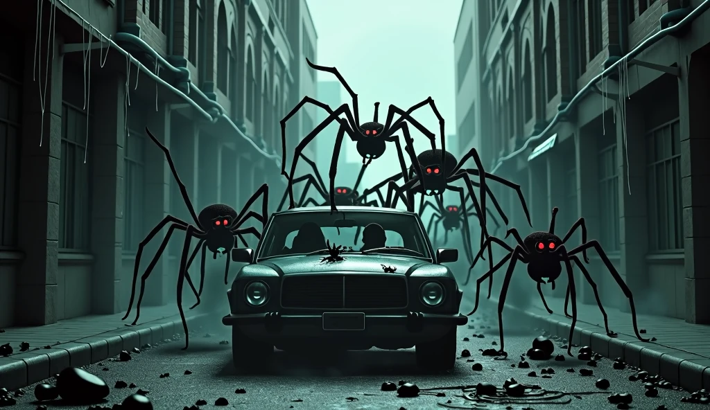 "A highly realistic and intense scene set in a dark, abandoned city street. A car is surrounded by several giant spiders with long, hairy legs and glowing red eyes. The spiders are aggressively jumping onto the car, denting the roof and windows. Inside the car, a group of terrified people are panicking, their faces showing sheer horror as they try to escape the situation. The city's buildings loom ominously in the background, with streetlights casting eerie shadows, and spider webs draped over the buildings and street, creating a sense of terror and impending doom."