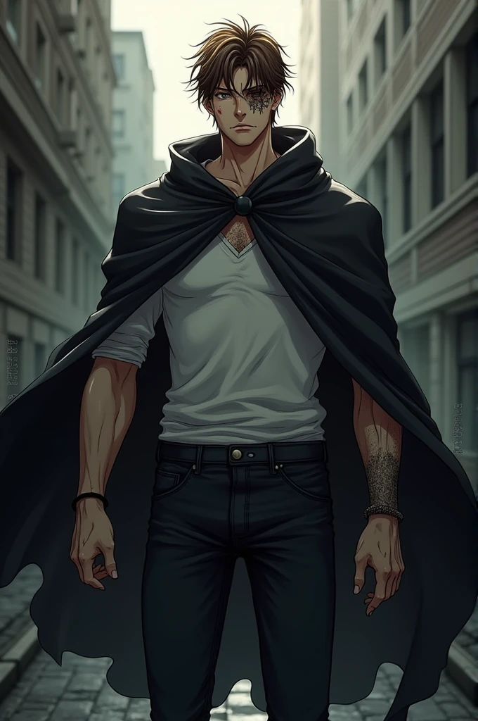 Anime character who is 1.80 1 and wears a black cape, a white shirt, black jeans, has scars on his face, does not have a left arm and right eye, brown hair