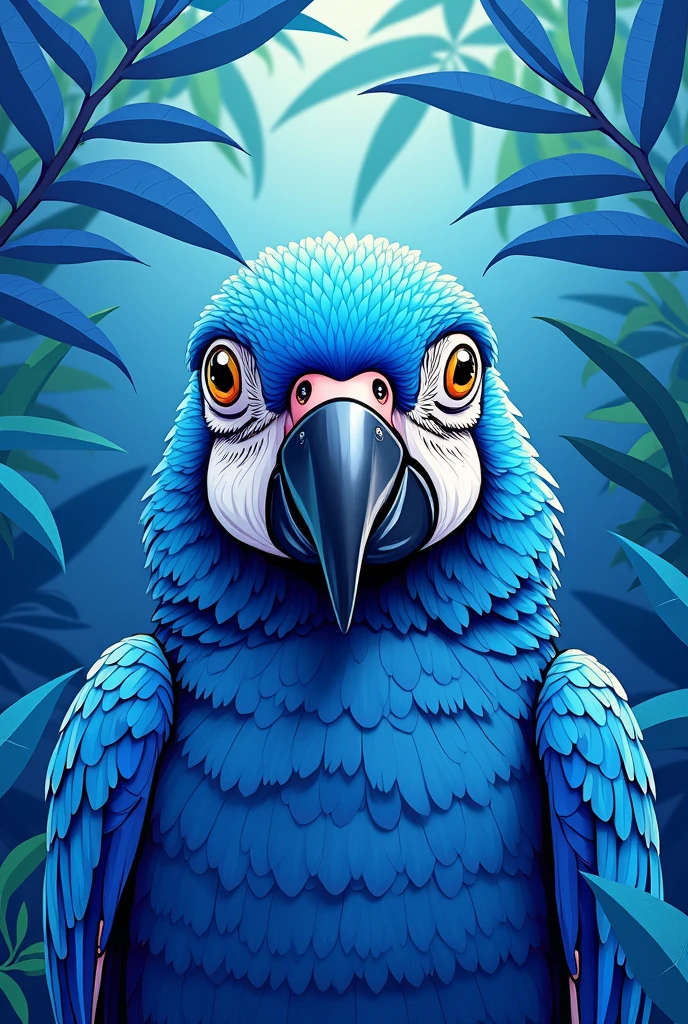 Create an illustration of a parrot's head facing forward, designed to be made into a mosaic. The parrot's head should be composed entirely of different shades of blue, with clear, flat color areas to represent the individual mosaic tiles. The background should depict nature, specifically jungle-like leaves, also in flat colors and shades of blue, to complement the parrot. The design should be detailed enough to capture the parrot's features but simplified to work well as a mosaic.