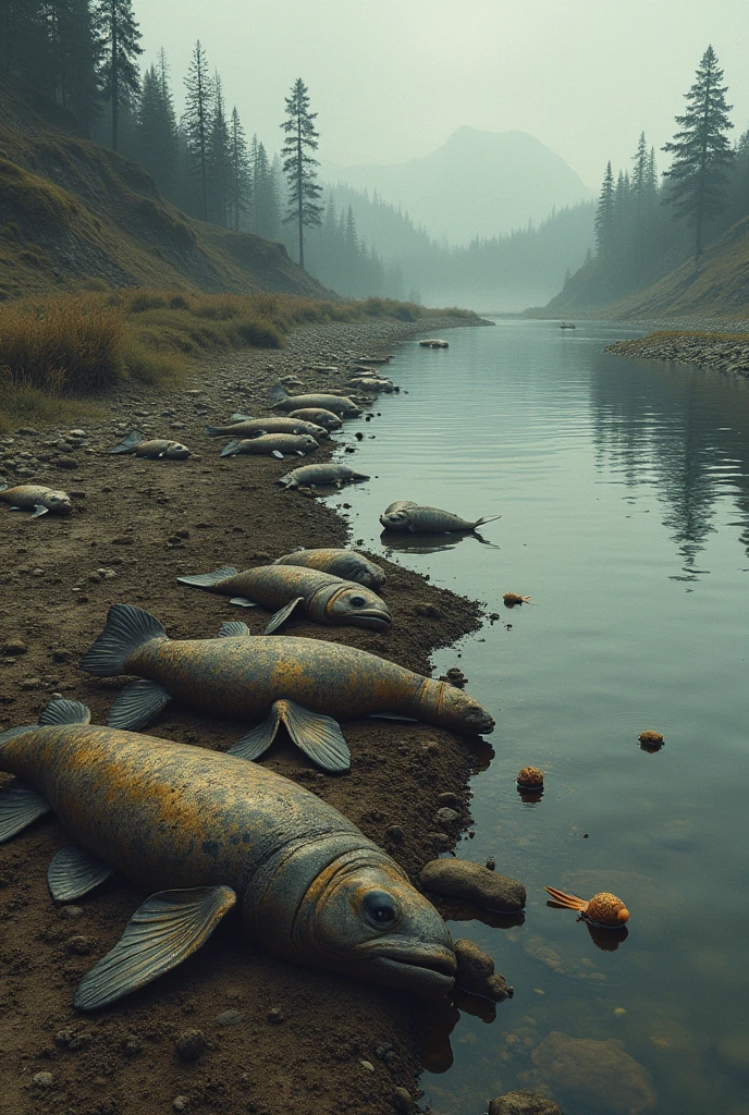On the right side a river contaminated by mining With dead animals