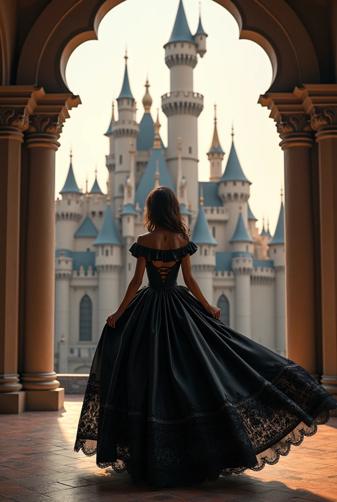 Make a princess with a black Disney-style dress arriving at Beauty and the Beast's castle