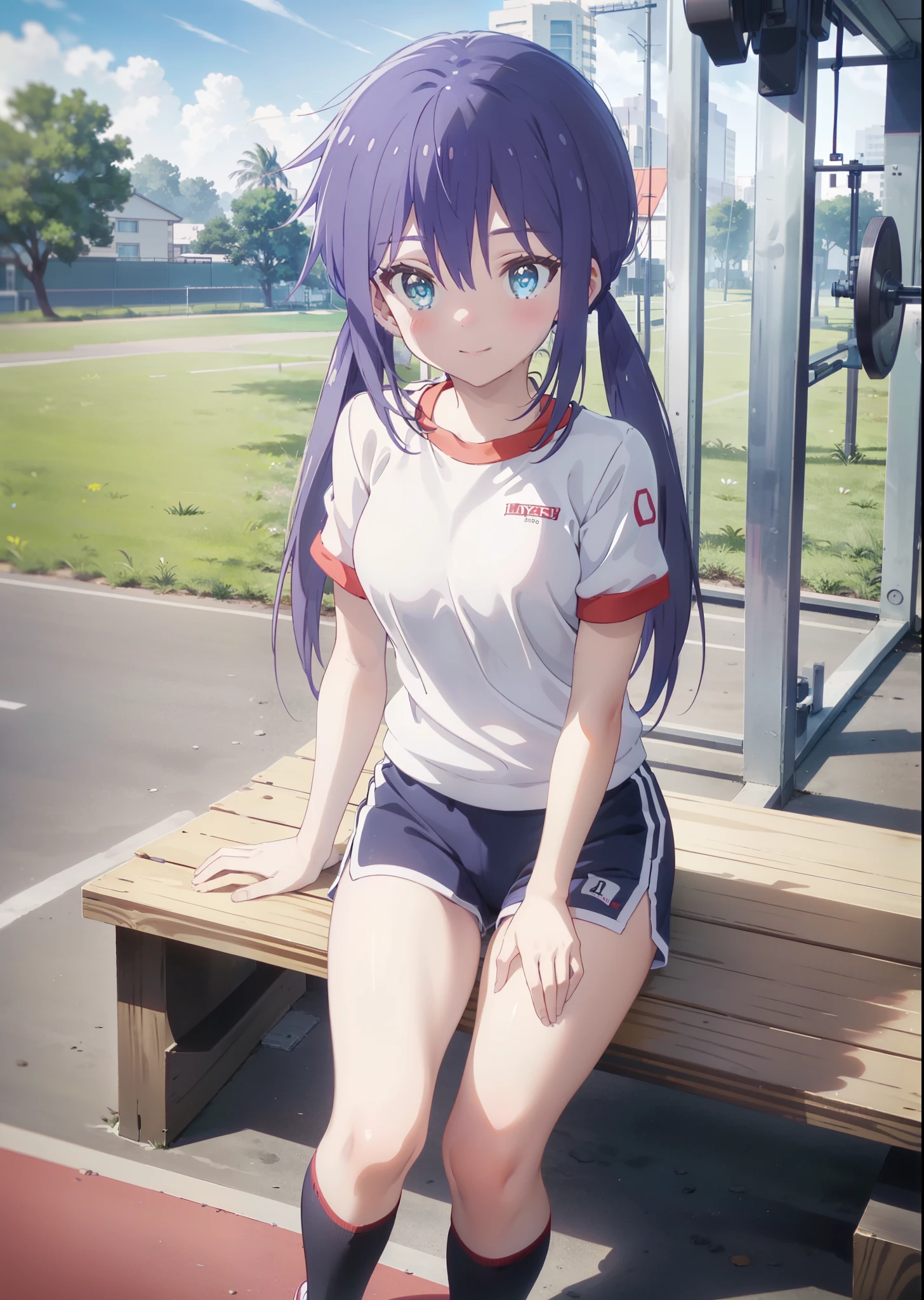 Ao Manaka, Sunset sky,Seaside,Orange Clouds,Check it out, long hair, bangs, blue hair, (blue eyes:1.2),(Gym clothes with short sleeves:1.5), Gymnastics, (Girl wearing gym clothes), (Girl in gym clothes), Sportswear, Blue_Shorts, White knee-high socks,white socks,sit down,sitting,White_sneakers, White_sports boots,Daytime,Clear skies,Palm tree,Walking,smile,Close your mouth,blush,whole bodyがイラストに入るように,
BREAK outdoors, tropical,Tropical,Coastal Road,
BREAK looking at viewer, whole body,
BREAK (masterpiece:1.2), Highest quality, High resolution, unity 8k wallpaper, (figure:0.8), (Beautiful attention to detail:1.6), Highly detailed face, Perfect lighting, Highly detailed CG, (Perfect hands, Perfect Anatomy),