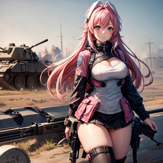 On the battlefield　Assault rifle　Bunny girl　Pink Hair　I have stupid hair.　Large Breasts