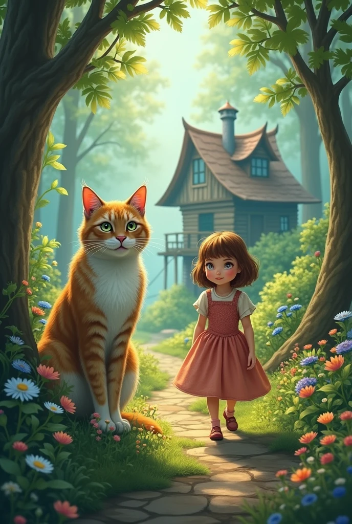 a magical cat and a girl in a forest with a house