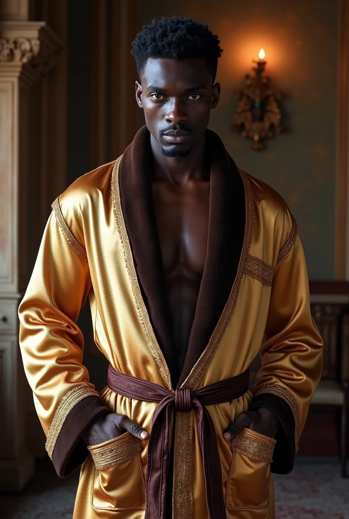 naughty man , africana, skin black, silk bathrobe, middle Ages, High definition, face detailed, fancy, leather armour.