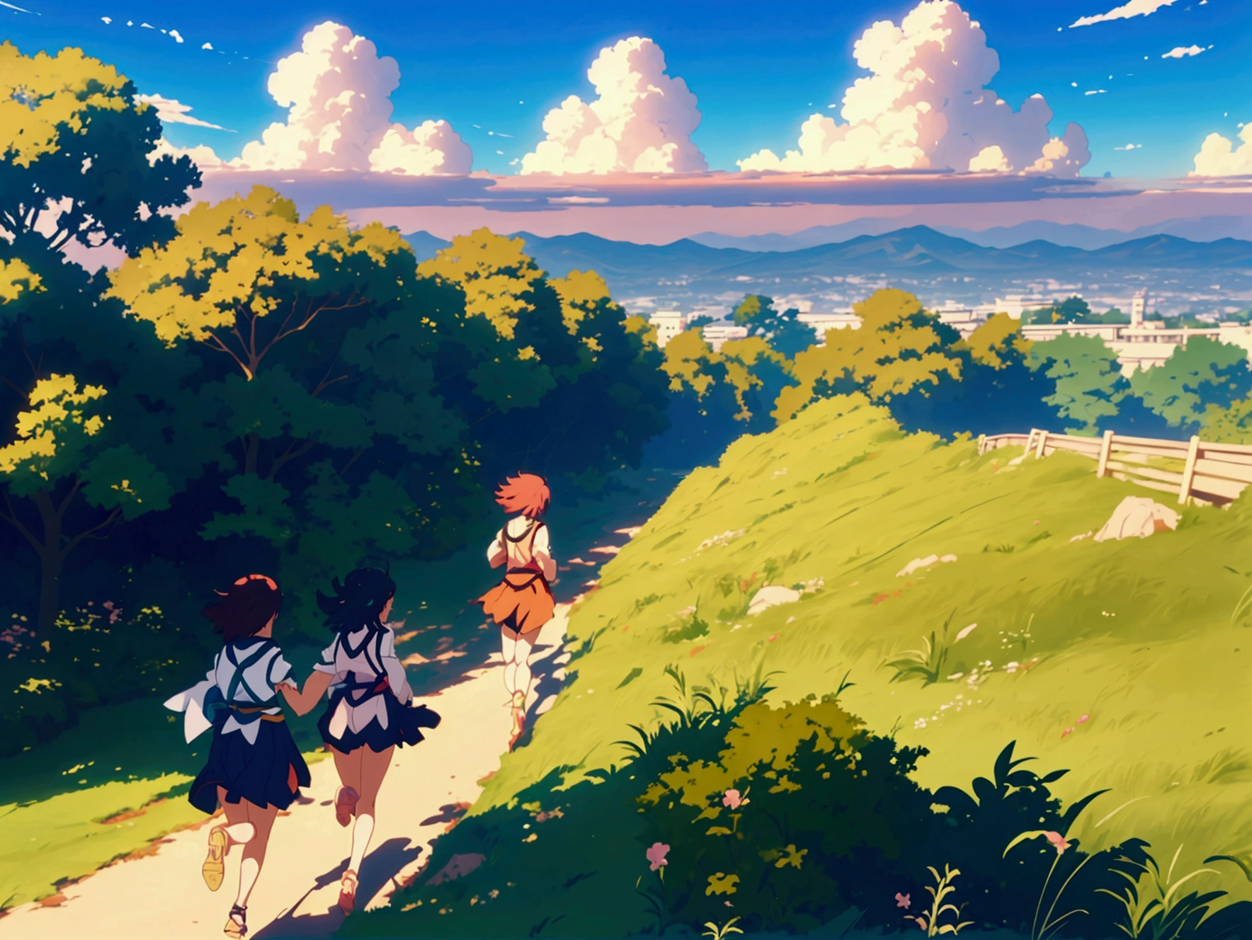 2girls, 2 girls running on anime style landcape, anime style, cel shaded, makoto shinkai style, japanese environment, cel shaded, anime style shadow, vibrant color, ultra detail, 8k resolution