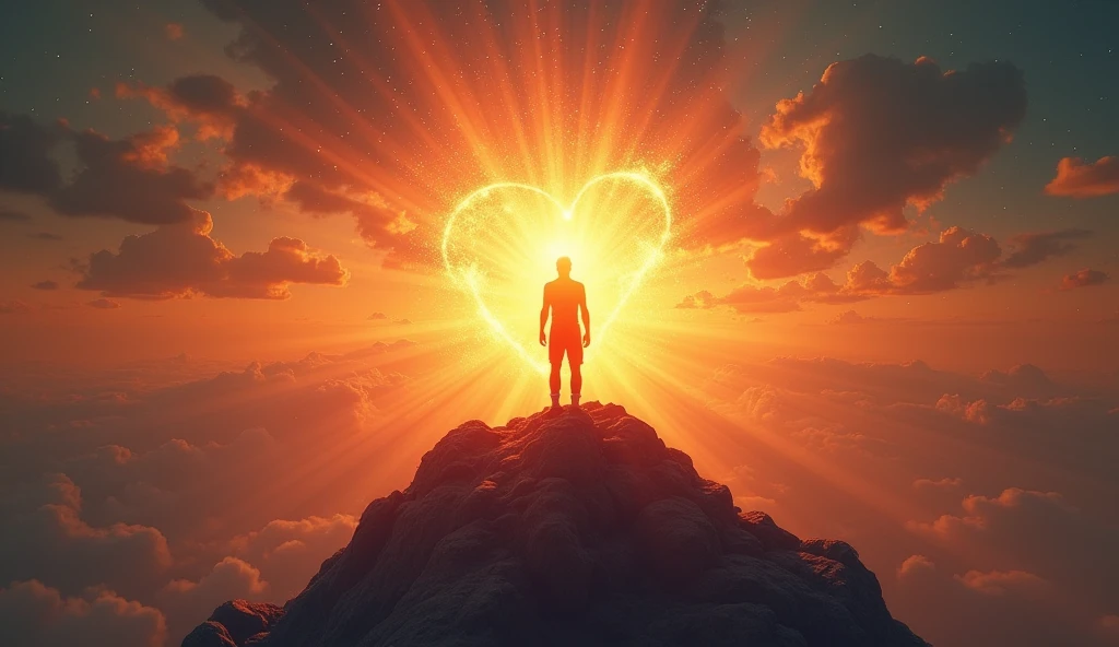 A powerful and inspiring cover art for a song titled 'Rise to Glory'. The image should feature a heroic figure standing tall on a mountain peak, overlooking a vast and radiant landscape. The sky should be illuminated with stars and a dramatic sunrise or sunset, symbolizing the journey from struggle to triumph. The figure, with a heart symbol glowing brightly, represents strength and determination. Include elements like a blazing fire or sparks around them to signify the light they bring. The title 'Rise to Glory' should be prominently displayed in bold, dynamic typography that complements the grandeur of the scene. The overall mood should be epic, uplifting, and visually striking, evoking a sense of hope and victory. Should have a real human being