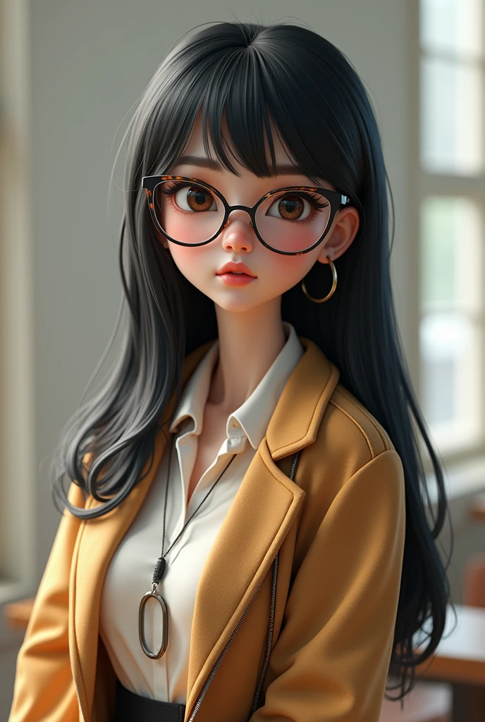 generate image:The style is"3D", Teacher who wears glasses, eyes the color of honey, full lips, straight black hair and white skin.