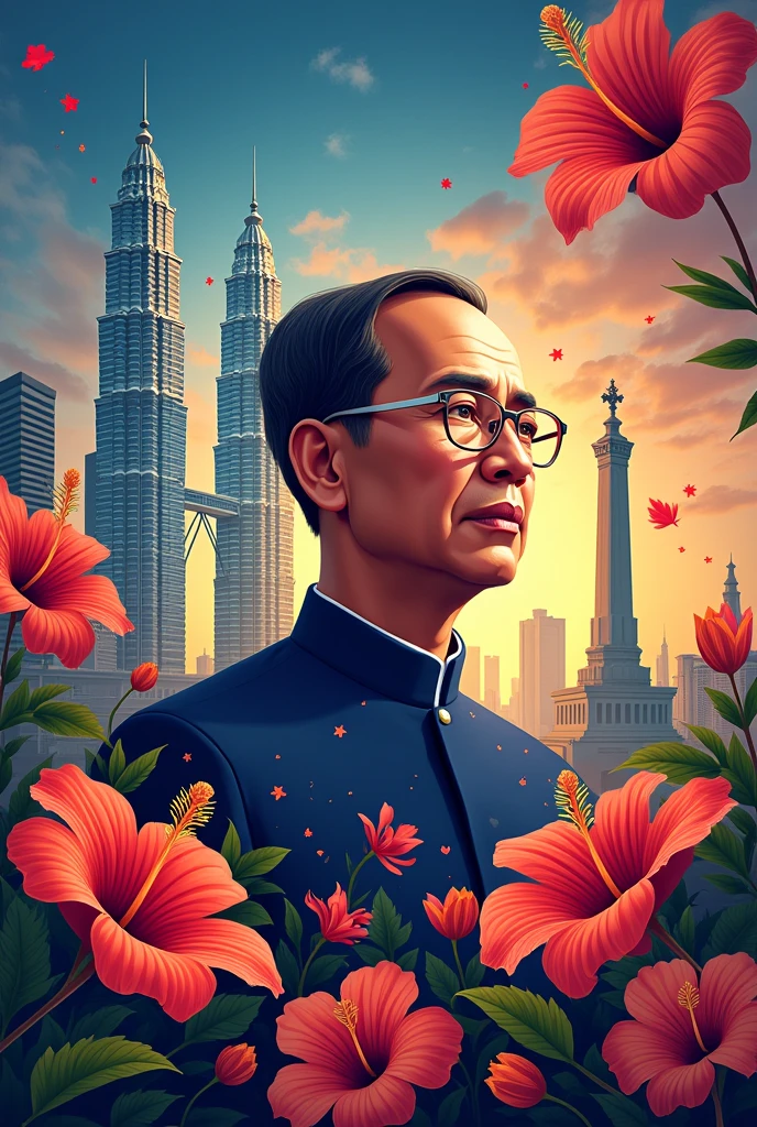 Malaysia Independence Day Poster , with tunku abdul rahman putra al haj , national monument , KLCC twin building , Malaysian flag , Hibiscus , rafflesia flower , sparks