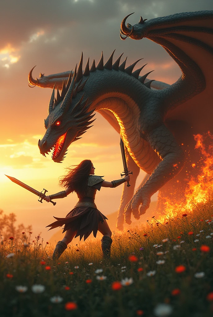 Viking warrior woman fighting a dragon with two flaming swords, brunette with perfect body,at sunset in the middle of a green field