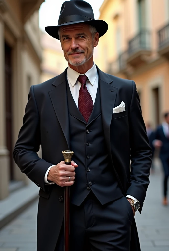 Gentleman He wears a classic black or navy blue suit, with a crisp white shirt and a well-fitted silk tie, possibly in shades of red or dark blue, He wears a classic watch on his wrist and carries a dark wooden cane with a silver handle., he may be wearing a fedora, like a Fedora, that complements your traditional look. The expression on his face is calm and friendly., with a slight smile on his lips. The environment around you is urban and sophisticated, with historic buildings in the background or an elegant street.