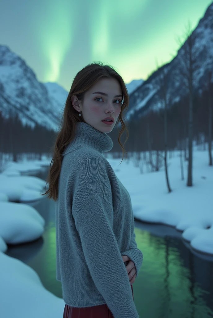 (Whole body:1.5)，(1 girl:1.3),(Show viewers:1.4)，(anatomy correctly:1.3),(Sitting by a snow-covered mountain stream:1.2), An ultra hot, beautiful european, elena alpha, 23 years, by rubio. she is a playmate, men&#39;s magazine template. He has a subtle smile and flirts with the camera., Skinny body. thin legs, sharp focus. perfect face.(light grey long loose sweater) socks, (Red leather high heel shoes with bows:1.1)，(Precise and perfect face:1.3),hyper high definition, ray tracing, reflective light， structurally correct, awarded, high detailed, Lighten the contrast of shadows, facial lighting ，cinematic lighting, masterpiece, super details, good quality, high detailed, Best Quality, 16k，high contrast, winter starry night, Aurora borealis.