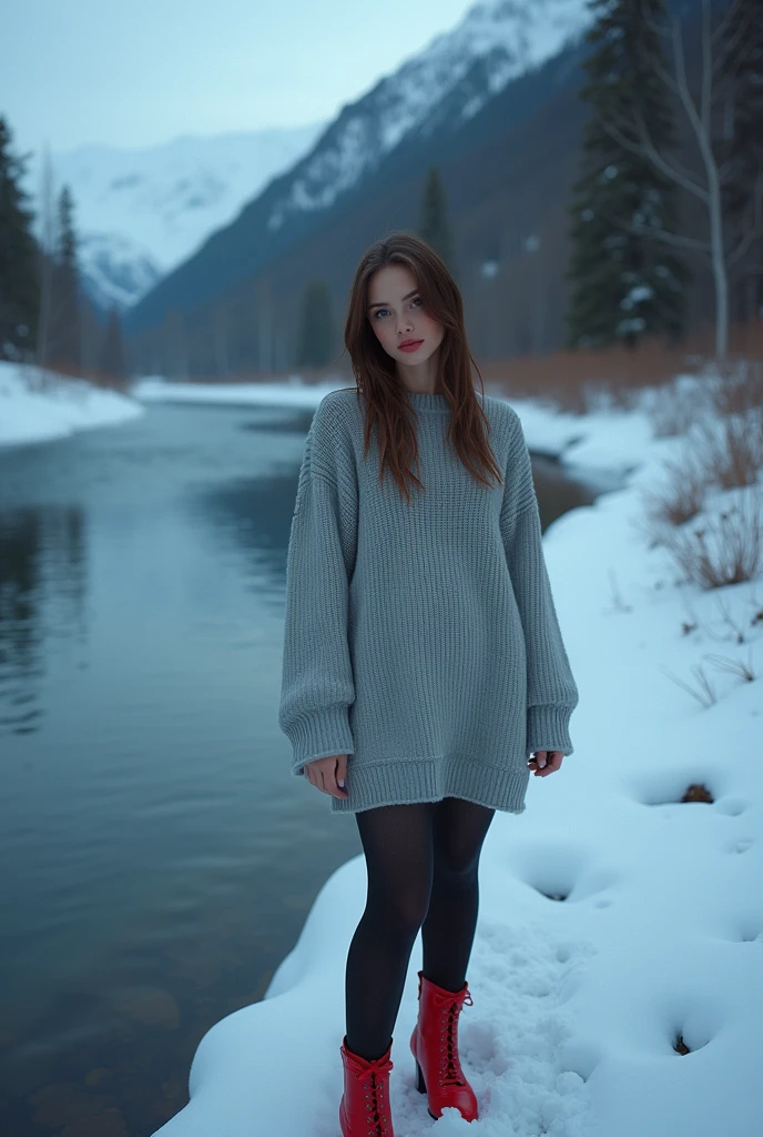 (Whole body:1.5),(1 girl:1.3),(Show viewers:1.4),(anatomy correctly:1.3),(Sitting by a snow-covered mountain stream:1.2), An ultra hot, beautiful european, elena alpha, 23 years, by rubio. she is a playmate, men's magazine template. He has a subtle smile and flirts with the camera., Skinny body. thin legs, sharp focus. perfect face.(light grey long loose sweater) socks, (Red leather high heel shoes with bows:1.1),(Precise and perfect face:1.3),hyper high definition, ray tracing, reflective light, structurally correct, awarded, high detailed, Lighten the contrast of shadows, facial lighting ,cinematic lighting, masterpiece, super details, good quality, high detailed, Best Quality, 16k,high contrast, winter starry night, Aurora borealis.
