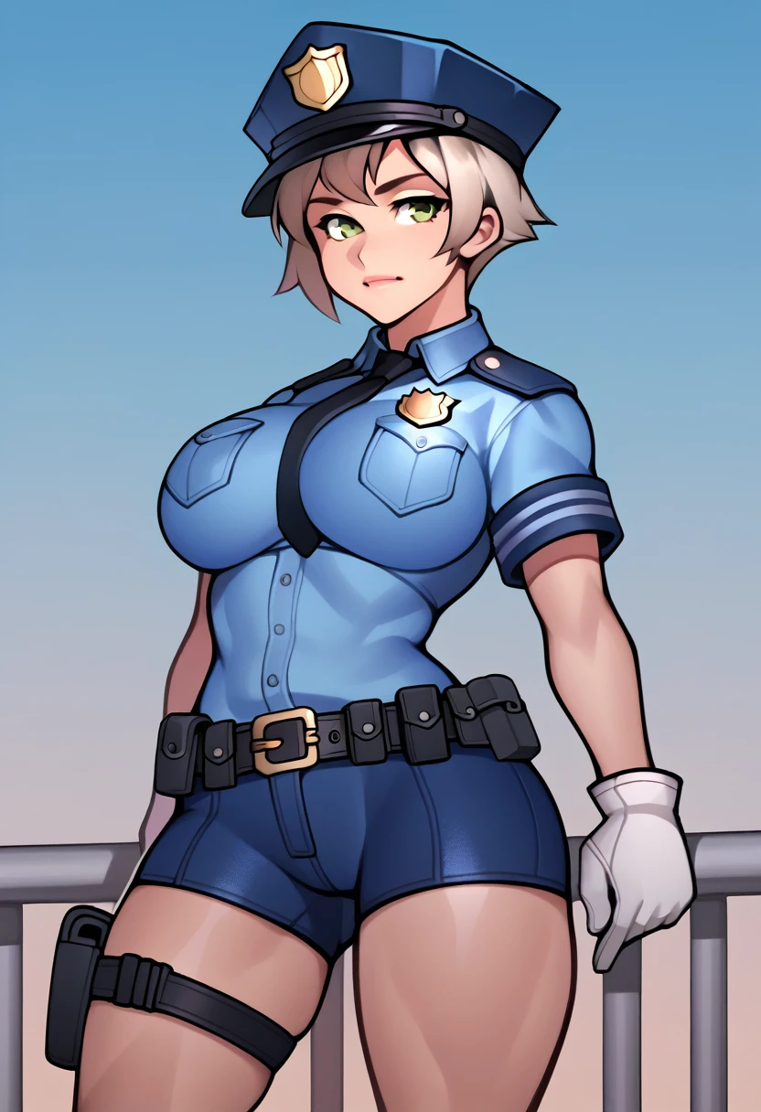 score_5_up, score_6_up,  
1girl, solo, wearing (police uniform, shorts, belt, holster, police_cap, white gloves), short hair, breasts