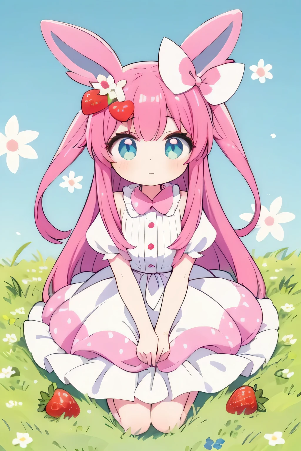 A full-body illustration of a cute anime girl inspired by the character in the image provided. She has long, flowing pastel pink hair styled with soft waves and bunny-like ears, with a large bow on her head. Her eyes are large and bright blue, conveying a sense of innocence and sweetness. She wears a white and pink dress with puffed sleeves, a bow at the neck, and a ribbon around the waist, similar to the one in the reference image. The dress is adorned with subtle strawberry patterns, matching the theme of the surroundings. She stands in a cheerful pose, with one hand slightly raised as if greeting someone, and the other gently holding the hem of her dress. The background is a sunny, grassy field with flowers and strawberries scattered around, maintaining the light-hearted, whimsical atmosphere. The art style is soft and pastel-colored, capturing the gentle and sweet essence of the character.