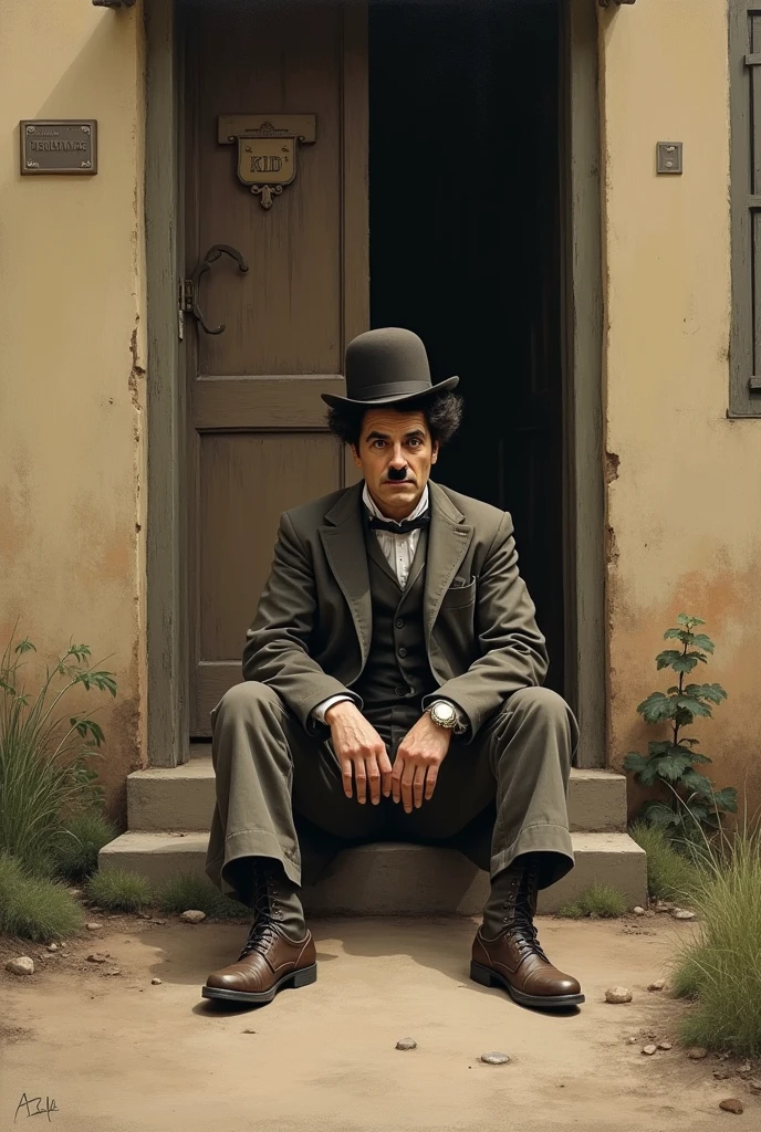Painting of Chaplin sitting in front of the door of the house, image from the film The Kid