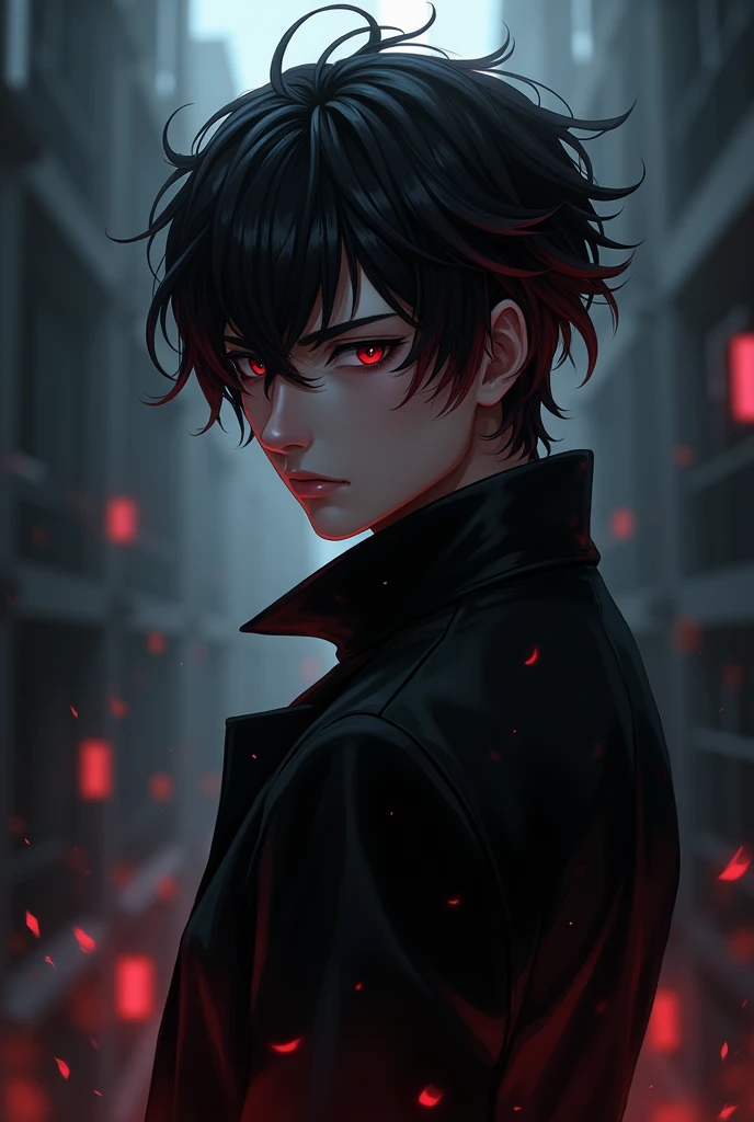 1 man, Black red mix hair, dark background, Glancing back, dark gaze, pearcing, full body, black jacket, anime