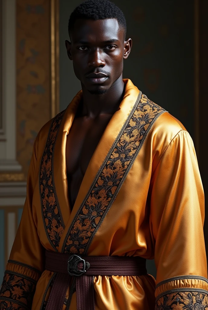 naughty man , africana, skin black, silk bathrobe, middle Ages, High definition, face detailed, fancy, leather armour.