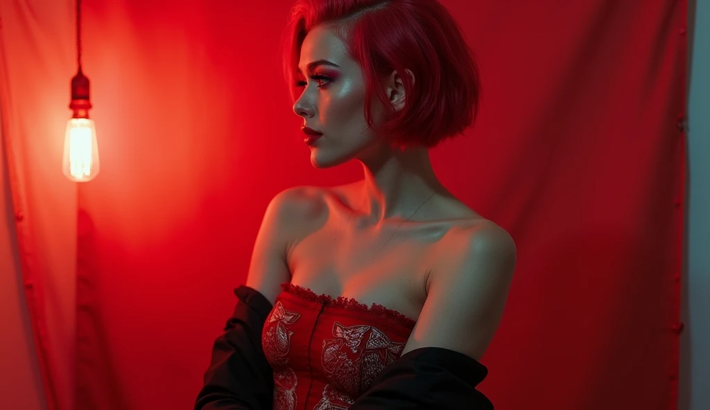 (best qualityer, ultra detali, photorrealistic: 1.39), bright and vibrant colors, studio lighting, romantic expression, short jeans, Strapless dress, platinum undercut, Red hair, breasts small, adjusting, shorth hair, mercenary, sorriso sexy
