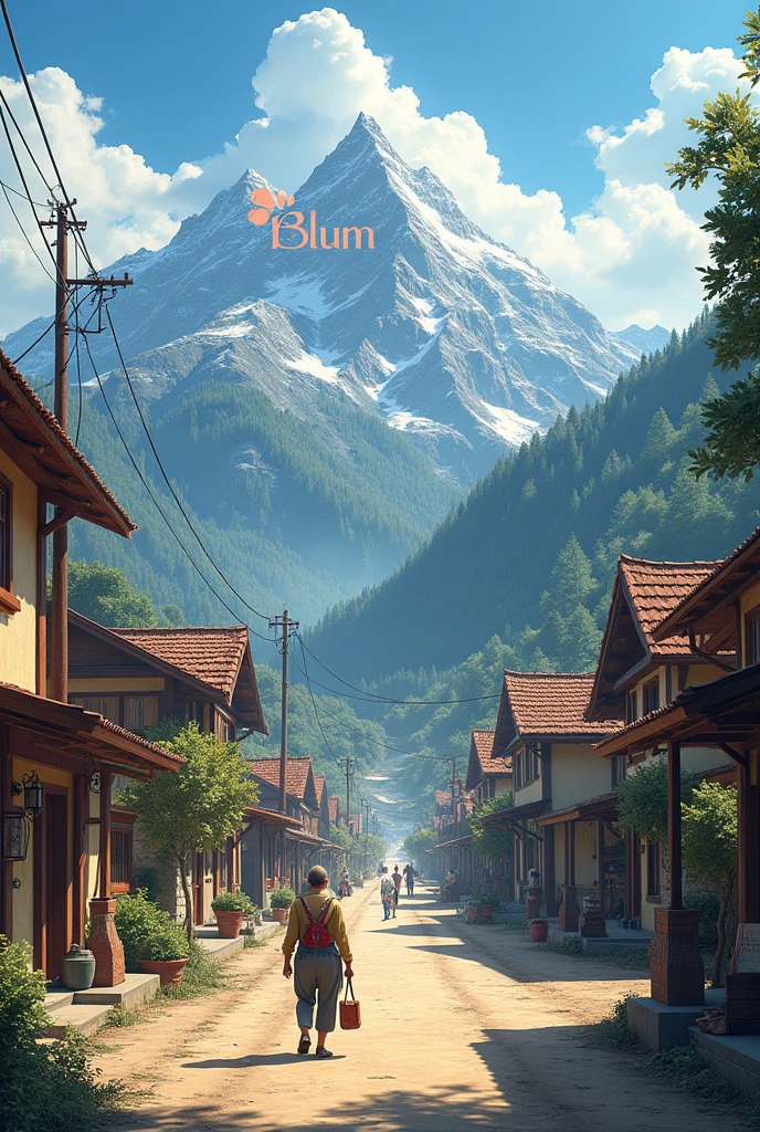The village is small people in it there is construction in the mountains The word Blum is like Hollywood but the word BLUM