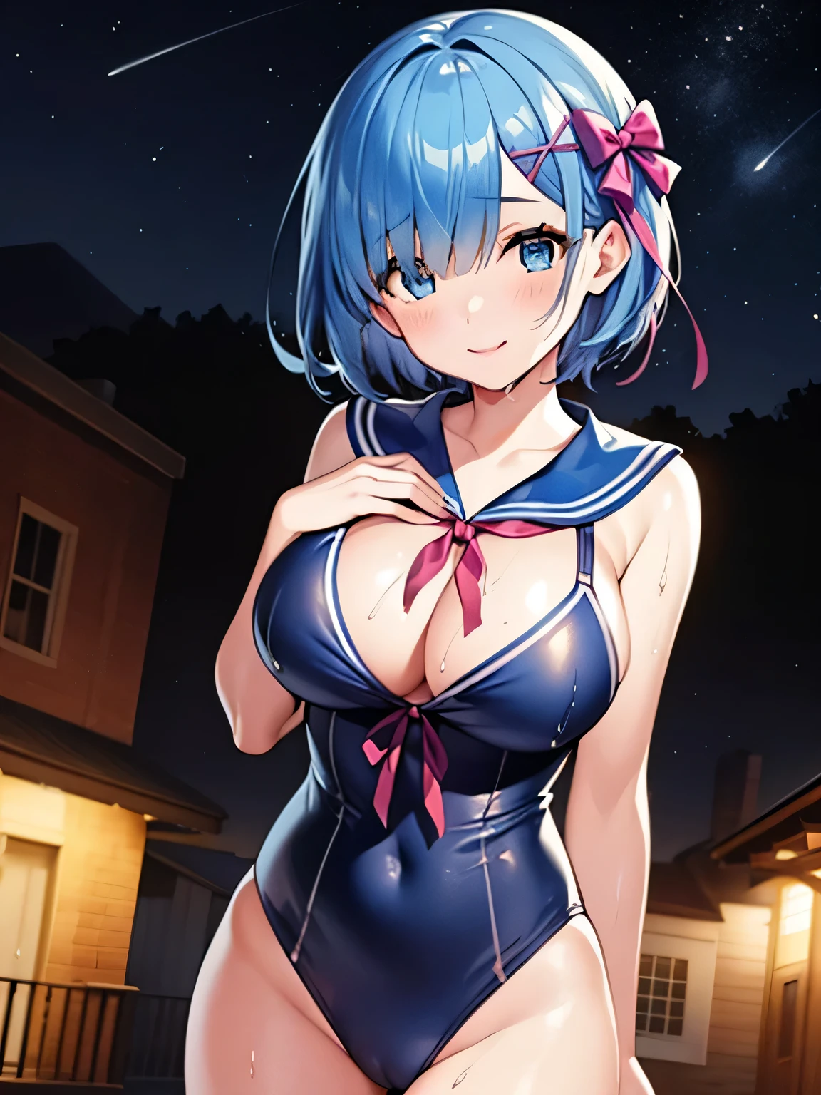poor, short hair, x Hair accessories, Hair Ribbon, Hair on one eye, Large Breasts, Cleavage, (Low length:1.1),Cowboy Shot,(Wet Skin)
break
(software), Please place your hand on your chest, head tilt
break
little smile, Happy, (blush), (shut up.)
break
official art, masterpiece, Highest quality, Highest Resolution, 8k, Most detailed, perfect anatomy
break
Wild West, Western Towns, Dust, Night Sky, Highly detailed CG Unity 16K, Very beautiful 16K CG wallpaper,(sailor swimsuit)