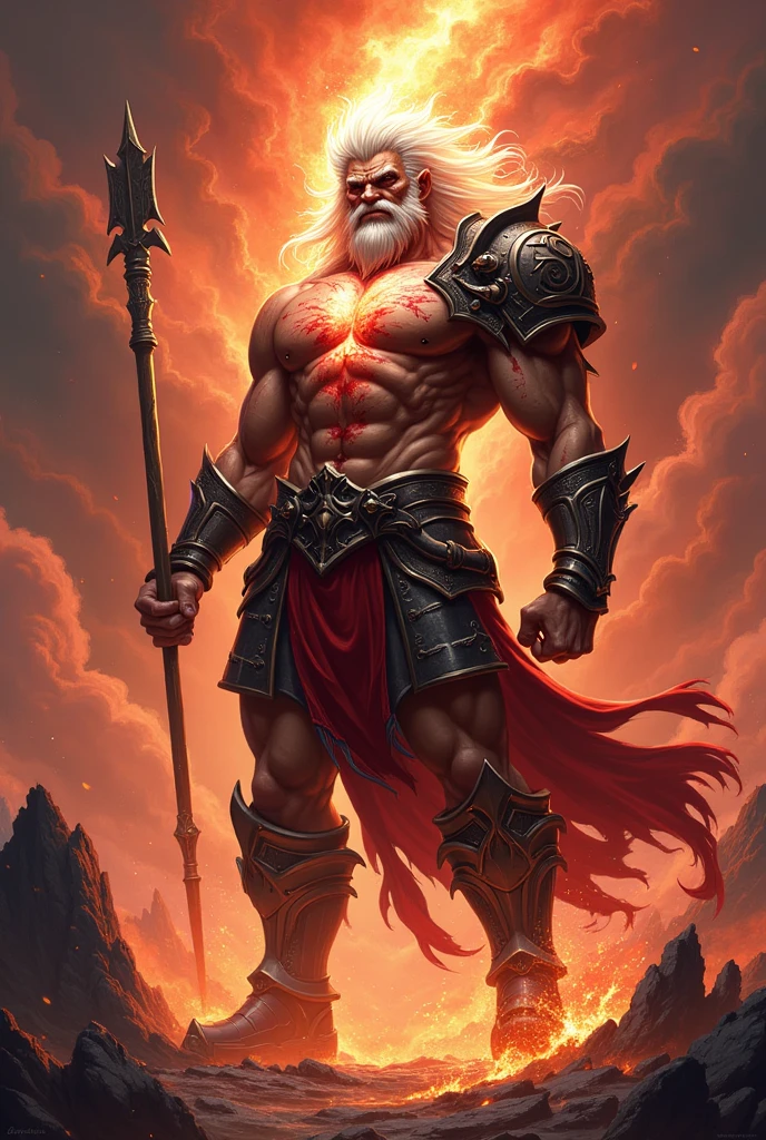 Aethoros God of Rage, Lord of War, of courage and storms. He urges residents to act with determination and face challenges head on..Goat safe. several scars. red and gold. Using a crystal fault and an arrow piercing his chest