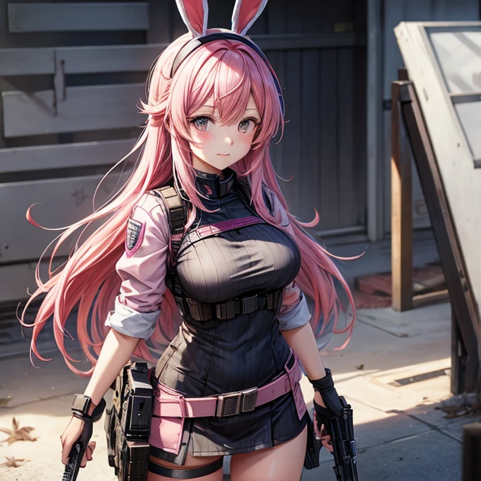 On the battlefield　Assault rifle　Bunny girl　Pink Hair　I have stupid hair.　Large Breasts