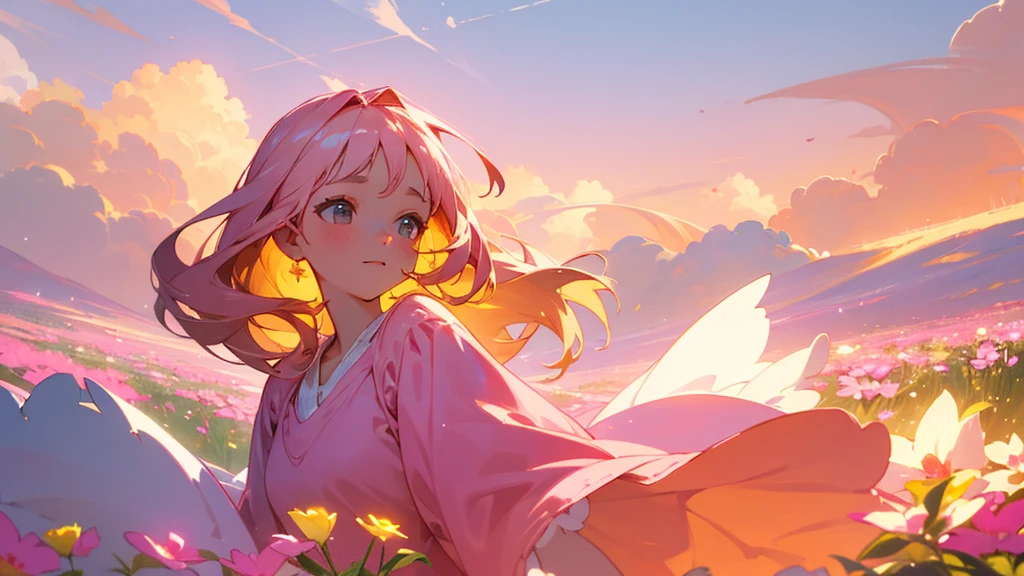 A portrait of a beautiful and cute girl dressed in a flowing pink dress, her face glowing with a soft, radiant light. She is surrounded by natural flowers in full bloom, their colors vibrant and lively. The background is a serene, heavenly landscape with soft clouds and a warm, golden light, highlighting her shining beauty and the peaceful atmosphere.