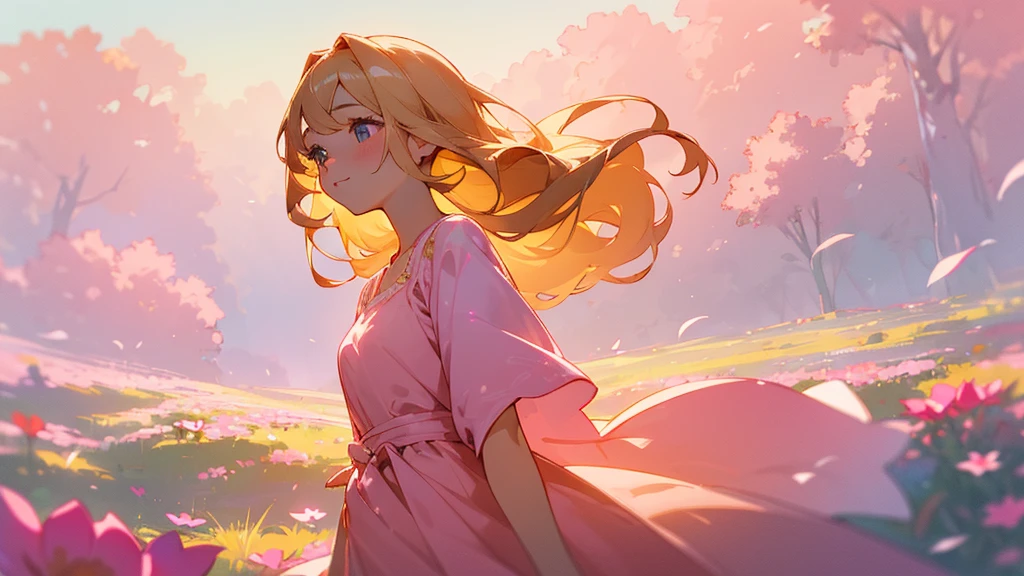 A portrait of a beautiful and cute girl dressed in a flowing pink dress, her face glowing with a soft, radiant light. She is surrounded by natural flowers in full bloom, their colors vibrant and lively. The background is a serene, heavenly landscape with soft clouds and a warm, golden light, highlighting her shining beauty and the peaceful atmosphere.