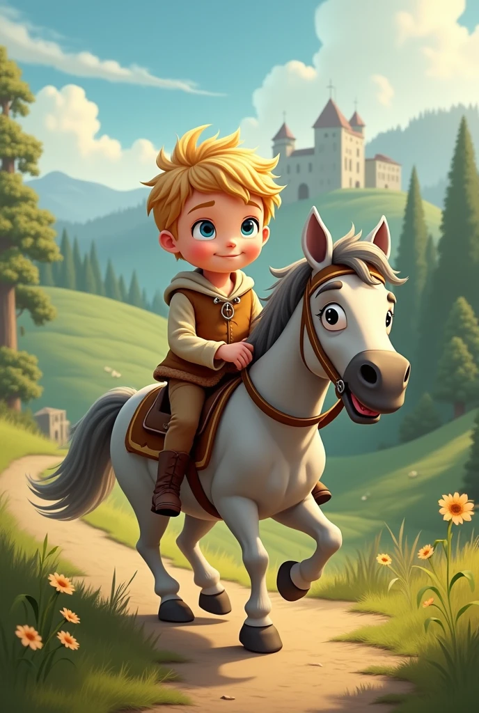 Drawing animation
Young white boy, blond hair and sweet face, with a brown medieval peasant outfit, on grey horse in a medieval decor