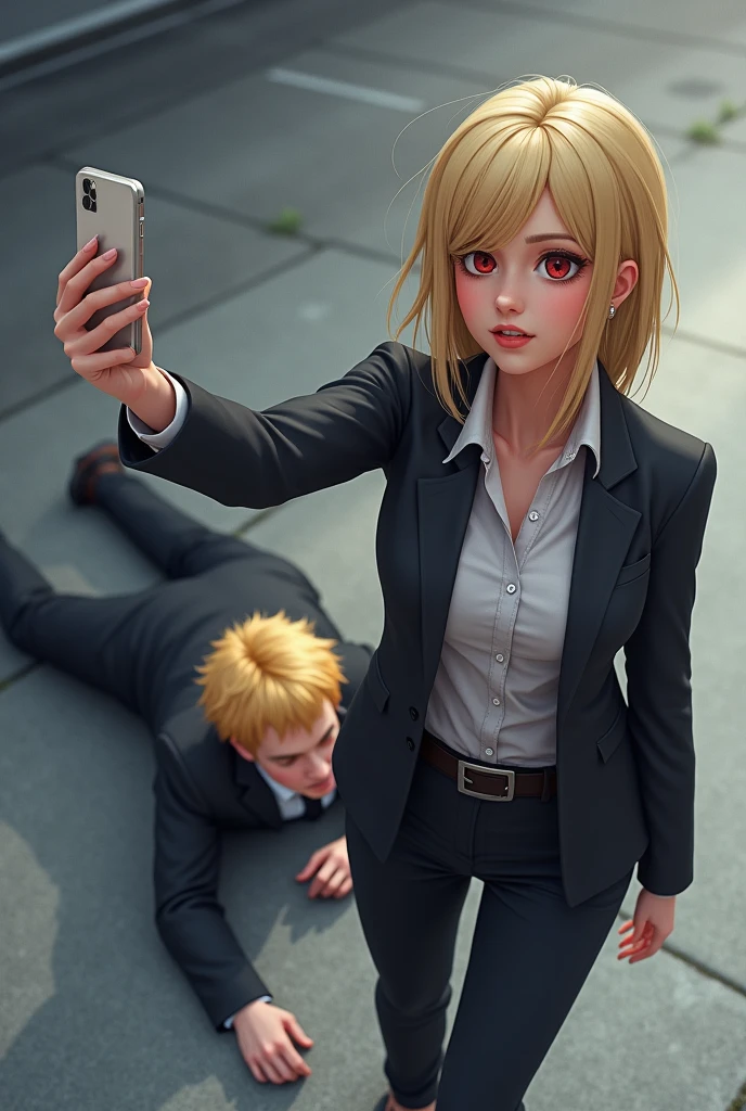 Generates an image in which a TV Woman is taking a selfie with Katsuki, a red-eyed blond boy passed out on the concrete