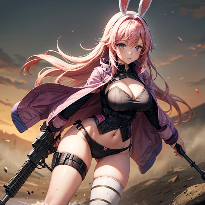 On the battlefield　Assault rifle　Bunny girl　Pink Hair　I have stupid hair.　Large Breasts