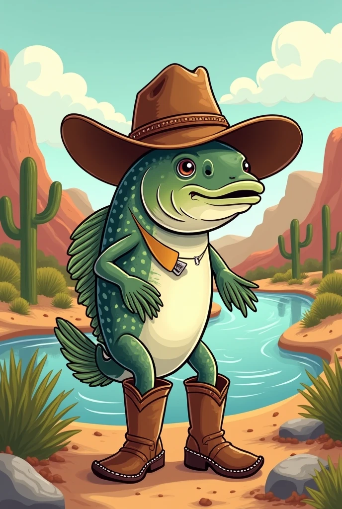 Small drawing of a trout fish with a cowboy hat and boots