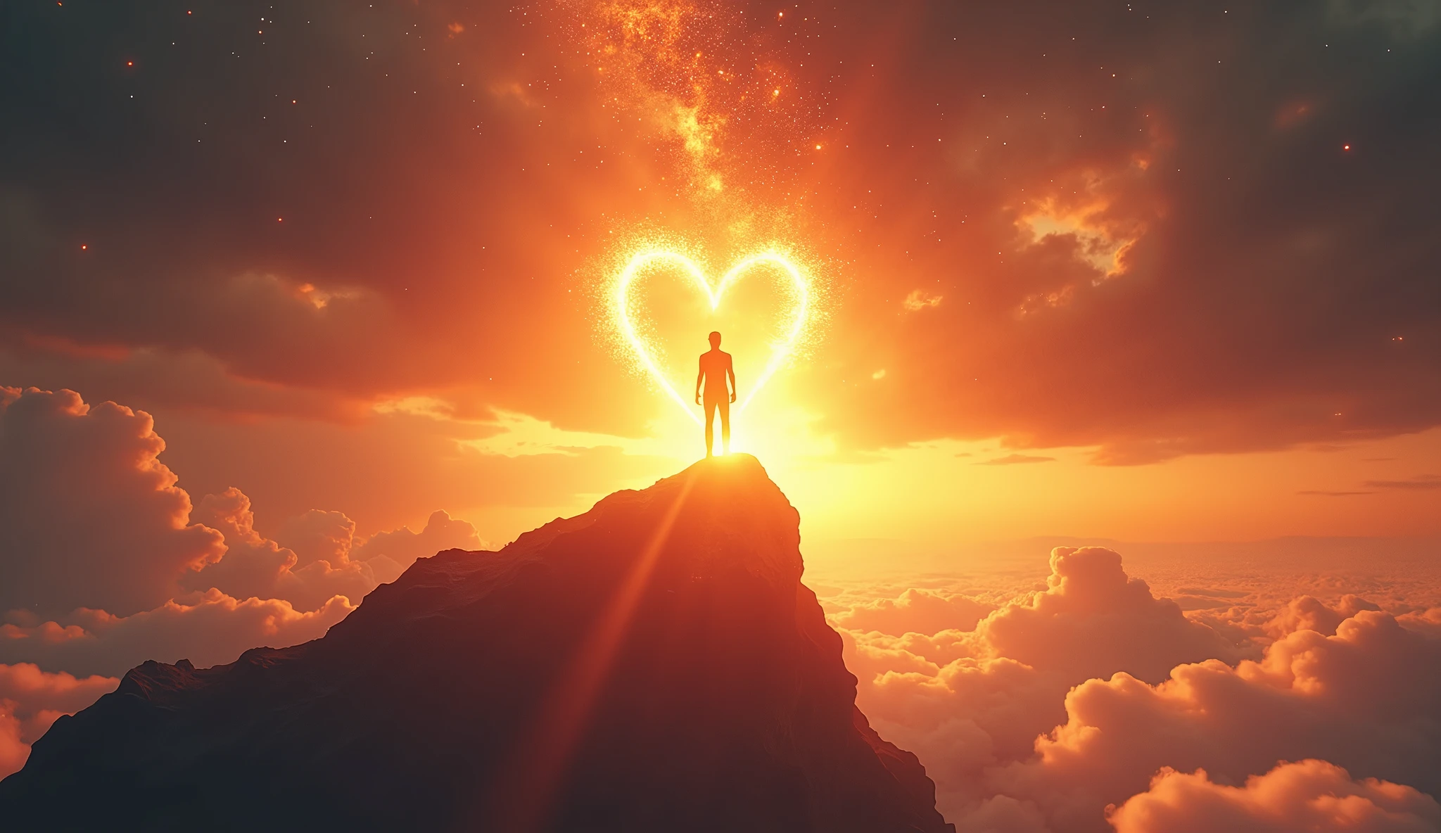 A powerful and inspiring cover art for a song titled 'Rise to Glory'. The image should feature a heroic figure standing tall on a mountain peak, overlooking a vast and radiant landscape. The sky should be illuminated with stars and a dramatic sunrise or sunset, symbolizing the journey from struggle to triumph. The figure, with a heart symbol glowing brightly, represents strength and determination. Include elements like a blazing fire or sparks around them to signify the light they bring. The title 'Rise to Glory' should be prominently displayed in bold, dynamic typography that complements the grandeur of the scene. The overall mood should be epic, uplifting, and visually striking, evoking a sense of hope and victory. Should have a real human being