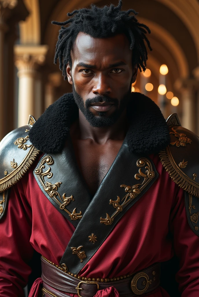 naughty man , africana, skin black, silk bathrobe, middle Ages, High definition, face detailed, fancy, leather armour. Leather details