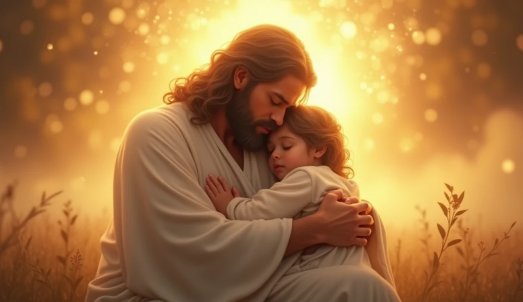 Create a tender and comforting image representing 'God carrying a person in His arms and protecting them.' Visualize a serene scene where God is depicted as a loving and gentle figure, holding a person close in His arms, cradling them with care. The person should appear peaceful and safe, resting in God’s embrace, symbolizing complete trust and protection. God's figure could be radiant, surrounded by a soft, glowing light, emphasizing His divine presence and the warmth of His protection. The setting might include a peaceful landscape, like a meadow or a celestial backdrop, with light and warmth surrounding them. The overall atmosphere should evoke deep feelings of love, safety, and the unconditional care that comes from being in God’s protective embrace