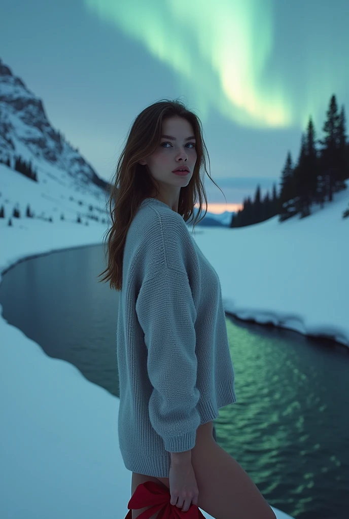 (Whole body:1.5),(1 girl:1.3),(Show viewers:1.4),(anatomy correctly:1.3),(Sitting by a snow-covered mountain stream:1.2), An ultra hot, beautiful european, elena alpha, 23 years, by rubio. she is a playmate, men's magazine template. He has a subtle smile and flirts with the camera., Skinny body. thin legs, sharp focus. perfect face.(light grey long loose sweater) socks, (Red leather high heel shoes with bows:1.1),(Precise and perfect face:1.3),hyper high definition, ray tracing, reflective light, structurally correct, awarded, high detailed, Lighten the contrast of shadows, facial lighting ,cinematic lighting, masterpiece, super details, good quality, high detailed, Best Quality, 16k,high contrast, winter starry night, Aurora borealis.