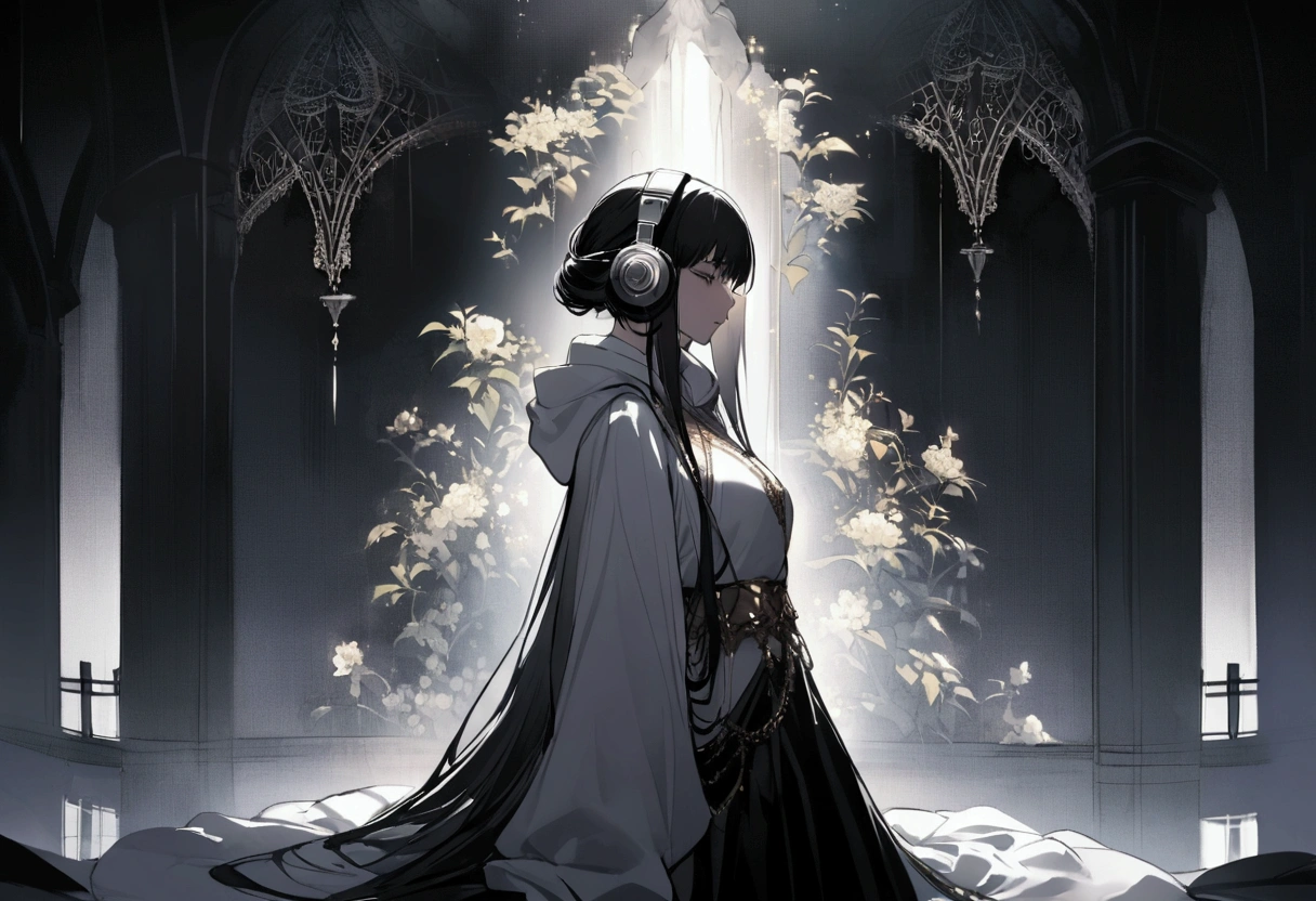 Side pose, A mysterious woman stands against a dark and eerie background. Her white hoodie and mask give him an air of secrecy, Her headphones、It alludes to the music that accompanies her in this dark world...