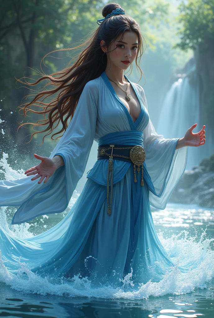 Waterbending master with long brown hair and brown eyes.

