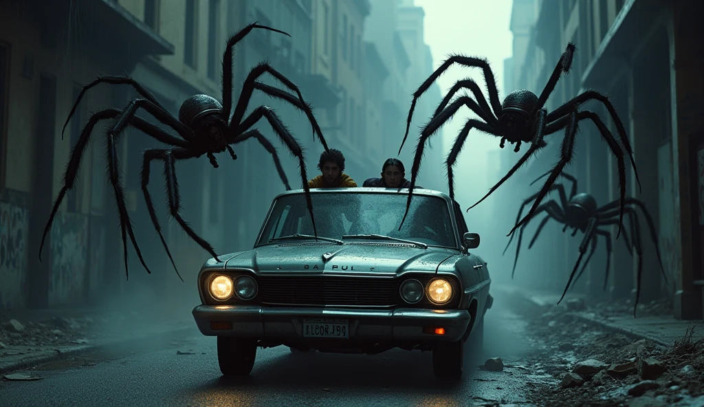  "A highly realistic and intense scene set in a dark, abandoned city street. A car is surrounded by several giant spiders with long, hairy legs and glowing red eyes. The spiders are aggressively jumping onto the car, denting the roof and windows. Inside the car, a group of terrified people are panicking, their faces showing sheer horror as they try to escape the situation. The city's buildings loom ominously in the background, with streetlights casting eerie shadows, and spider webs draped over the buildings and street, creating a sense of terror and impending doom."
