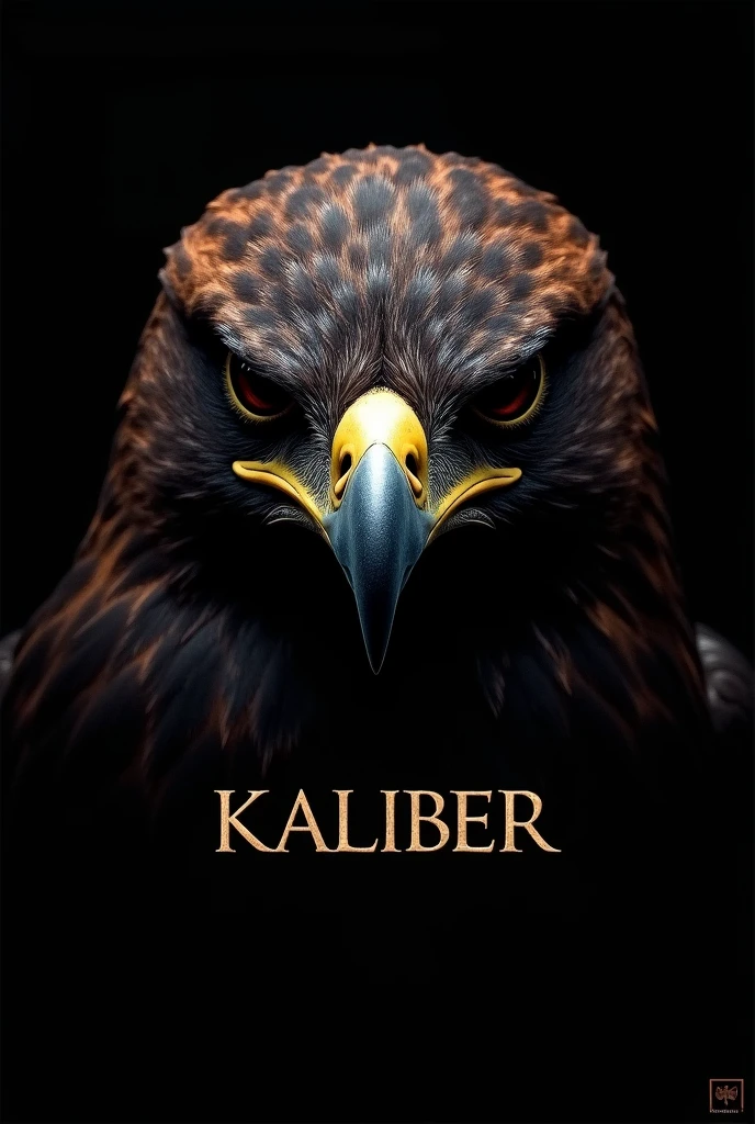 The face of a hawk with the word kaliber on it and a black background 