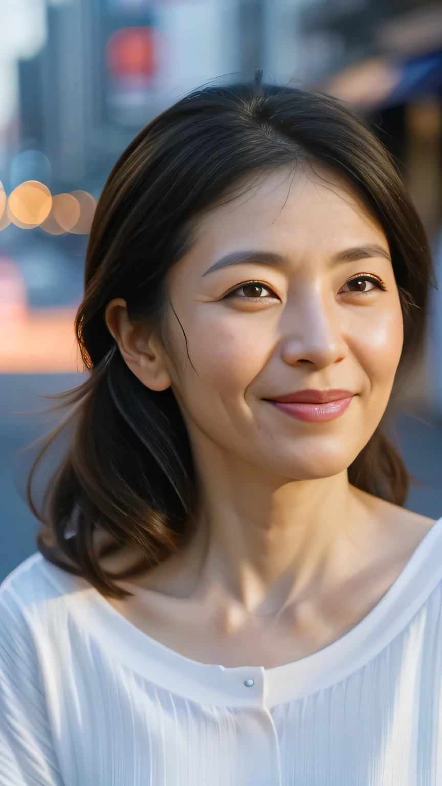 (Very detailed CG Unity 8K wallpaper,Tabletop, Highest quality, Very detailed, (Realistic facial wrinkles:1.2), Looking into the camera:1.2, Big smile、Light on the face:1.5, Downtown Background, Professional Lighting), 40 years old, living in Japan、Mature Woman、Gorgeous Long Hair, Black-haired, The contours of the face become fuller:1.5, (Thin eyebrows:1.25), big, Bright Eyes, Nose is too small, Soft mouth, physically slim, (Wear an off-the-shoulder T-shirt), Impression of sincerity, Noble Mix Mod v3.0