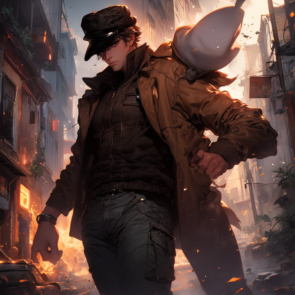 solo mysterious detective wearing a jacket and cargo pants and old fashion cap like hat
