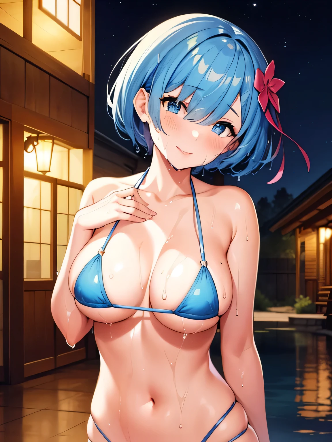 poor, short hair, x Hair accessories, Hair Ribbon, Hair on one eye, Large Breasts, Cleavage, (Low length:1.1),Cowboy Shot,(Wet Skin:1.3),
break 
(software), Please place your hand on your chest, head tilt
break
little smile, Happy, (blush), (shut up.)
break 
official art, masterpiece, Highest quality, Highest Resolution, 8k, Most detailed, perfect anatomy
break
Wild West, Western Towns, Dust, Night Sky, Highly detailed CG Unity 16K, Very beautiful 16K CG wallpaper,(micro bikini)