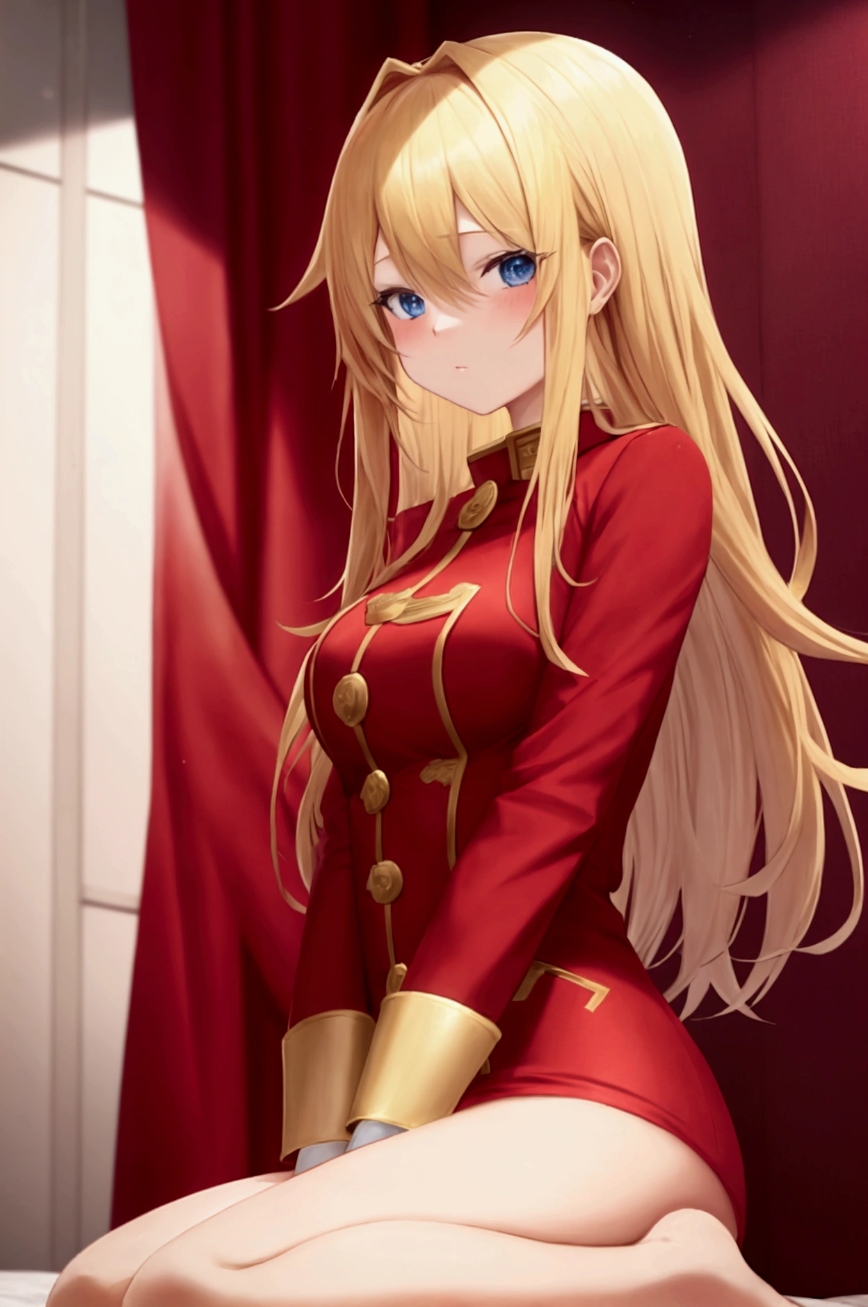 An anime-style blonde girl in a red coat