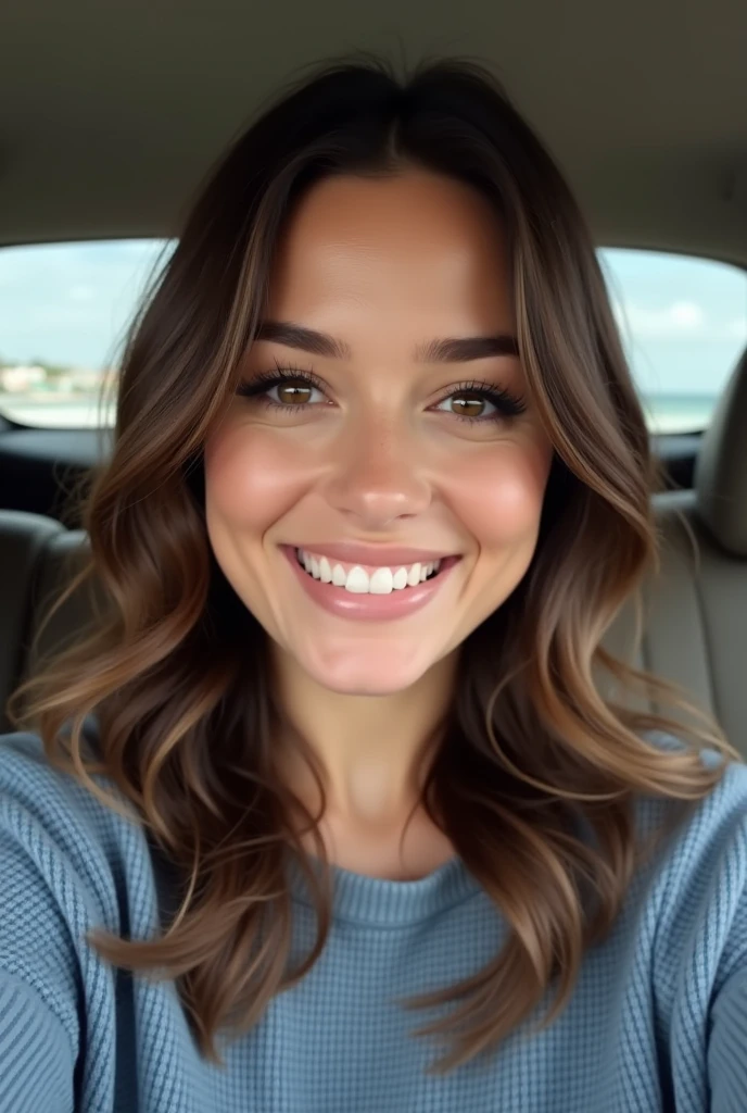 Créez une image très réaliste d'une femme brune de 25 ans aux courbes naturelles, assise dans une voiture de luxe. Elle sourit chaleureusement et naturellement à la caméra, dégageant une atmosphère amicale et accueillante. Ses traits du visage doivent ressembler à ceux de la femme sur l'image extérieure enneigée, avec une structure faciale, une couleur de cheveux et un style similaires. Elle doit dégager un niveau de confiance et d'allure similaire. Ses cheveux sont coiffés naturellement et son maquillage est subtil mais met en valeur sa beauté naturelle. Elle porte une tenue élégante mais décontractée, comme un haut ajusté et un jean, qui complète sa silhouette sans être trop révélatrice. La photo doit apparaître comme si elle était prise à partir d'un selfie, légèrement inclinée vers le rétroviseur, capturant à la fois la femme et un aperçu de l'intérieur luxueux de la voiture. L'intérieur de la voiture doit être bien éclairé avec une lumière douce et naturelle qui met en valeur à la fois elle et le design élégant de la voiture. L'arrière-plan à l'extérieur de la voiture doit être légèrement flou, gardant l'accent sur elle et les caractéristiques de luxe de la voiture, ce qui en fait une photo idéale pour une publication Instagram.